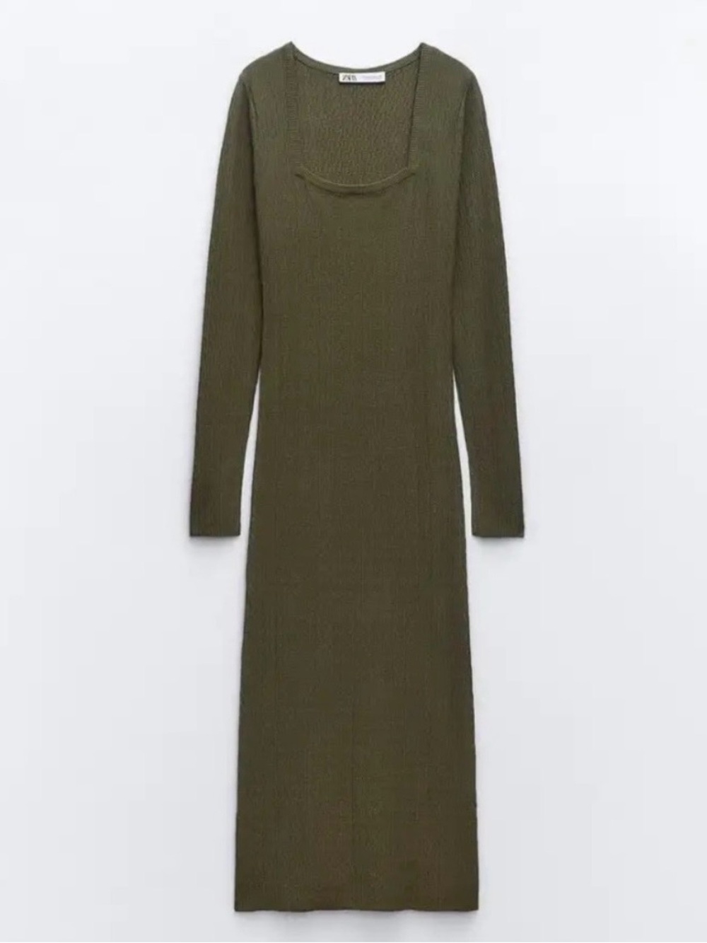 ZARA Olive Green Ribbed Square-Neck Midi Dress